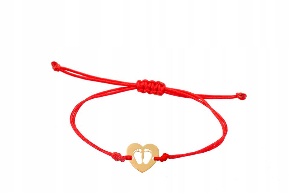 Złota bransoletka na sznurku stopy w sercu 585