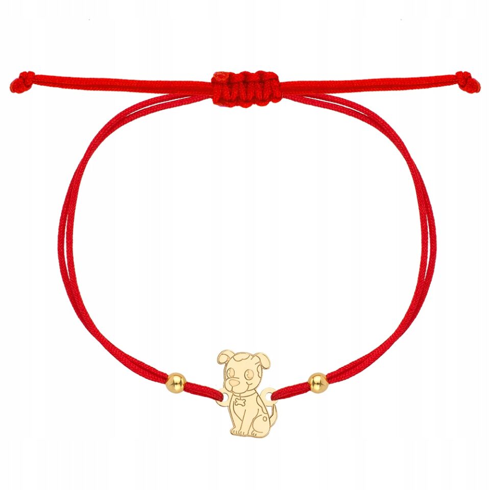 Złota bransoletka na sznurku pies 585