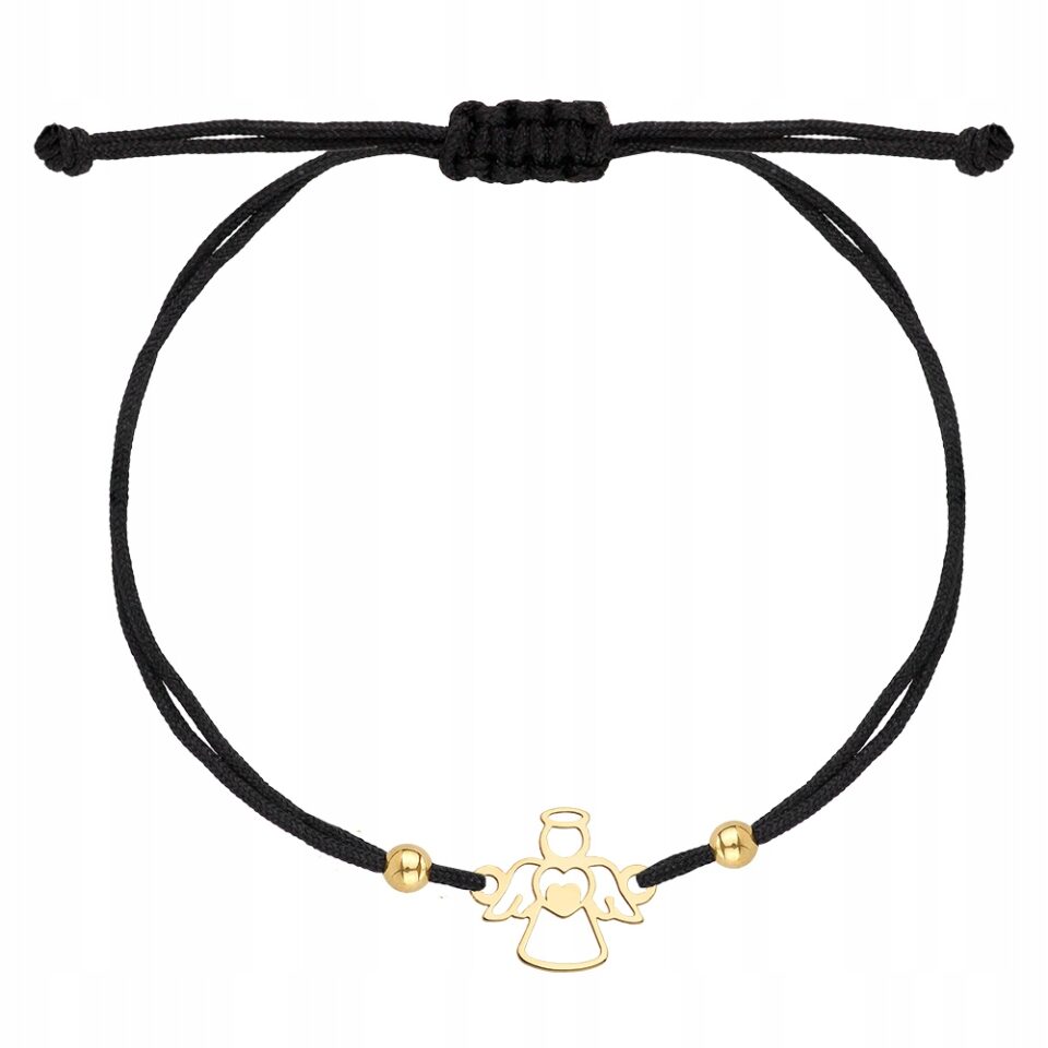 Złota bransoletka na sznurku anioł 585