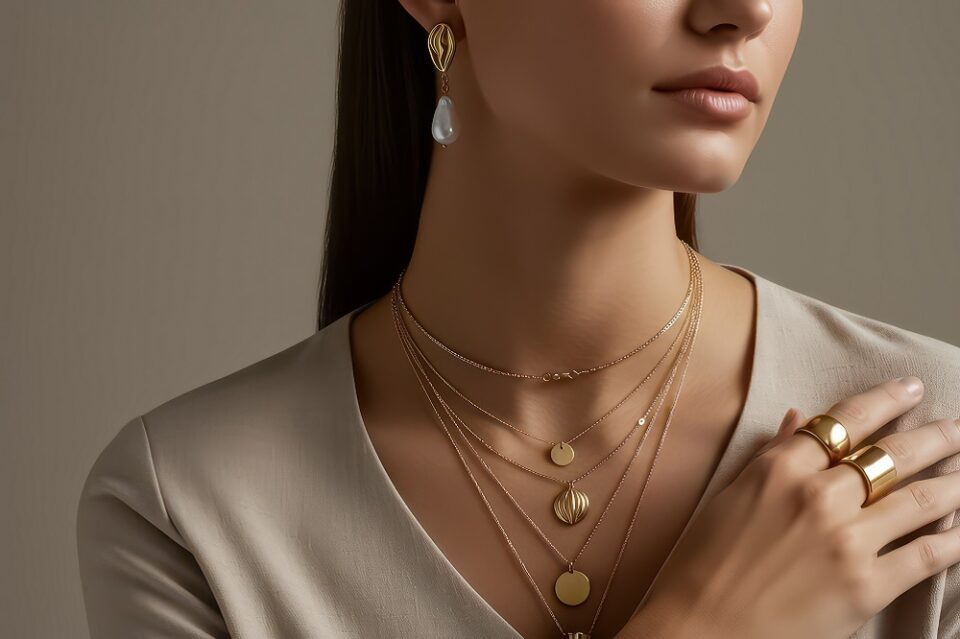A minimalist portrait of a woman wearing contemporary gold jewelry. She has on layered gold necklaces with unique pendants, pearl drop earrings, and a bold gold ring. The background is neutral, enhancing the sophisticated aesthetic of the jewelry.